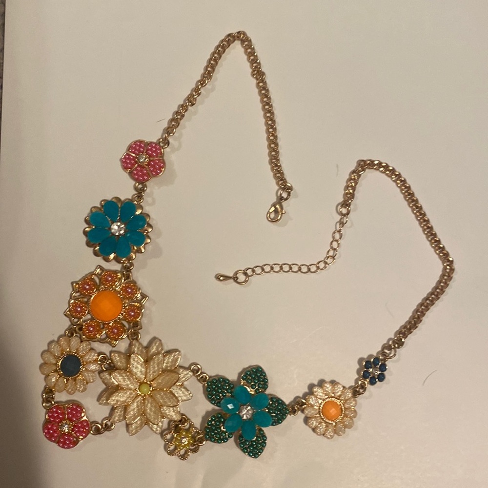Multicolored beaded and crystal floral chunky necklace
